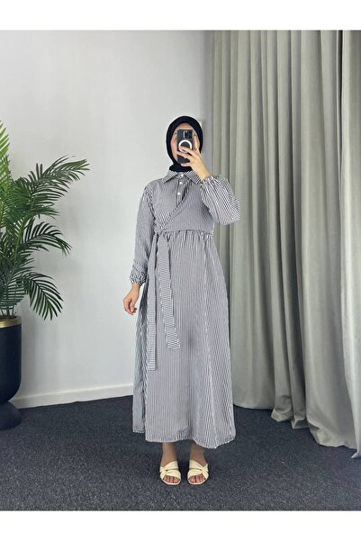 Esre Store 4540 - Çizgili Tesettür Elbise Siyah