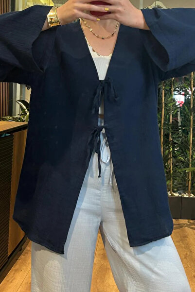 Balenbi Kimono din țesătură de muselină cu șireturi duble, ușor transparent, ...