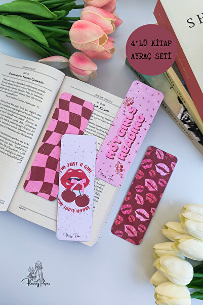 Flowery Paper Girl 4'lü Kitap Ayraç Seti , Laminasyonlu,Şık tasarım