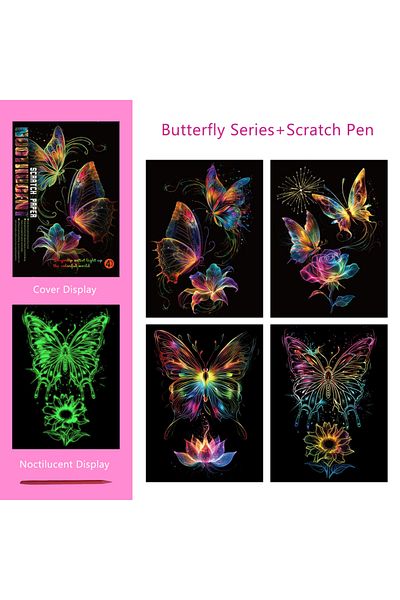 Choice A4 Butterfly 4 Pcs/Set A4 DIY Scratch Painting Sea World Butterfly Peacock Whale Noctilucent Scratch