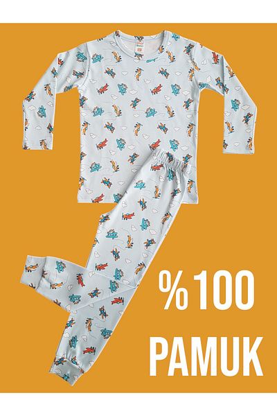 çamaşır bahçesi kendinize iyi bakın Long Sleeve Patterned Children's Pajama Set # Printedchildpyjamasuit # Laundry Garden # Cloudpatternpyjamas