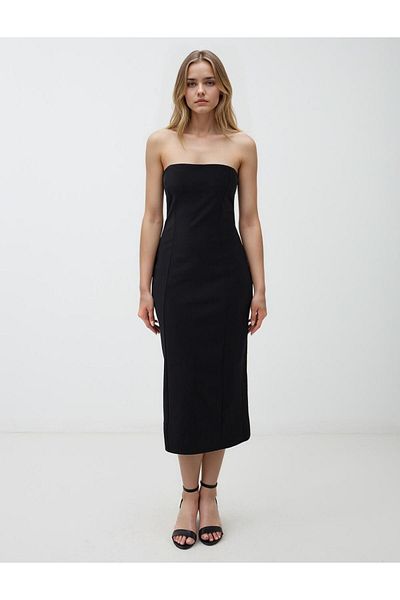 Jimmy Key Rochie neagră, slim fit, fără bretele, tricotată midi