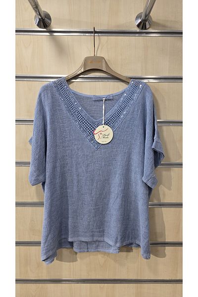 Park Moda Ιταλική λινή μπλούζα με παγιέτες V λαιμόκοψη