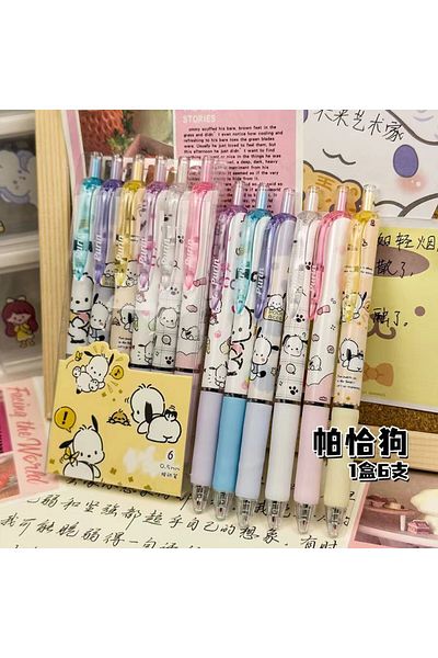 Miniso Pochacco 6pcs Cartoon Kuromi Writing Pen Kawaii Hello Kitty Cinnamoroll Melody 0.5mm Quick Drying ST