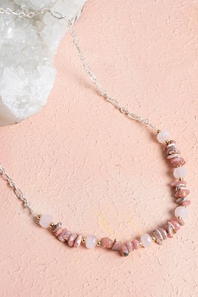OSMANLI DOĞAL TAŞ Certified Pink Quartz, Rhodochrosite and Hematite Natural Stone Necklace