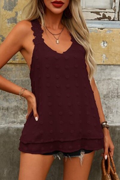 Mossta Pompom Blouse with Lace Straps - Claret Red