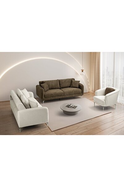 Yuvaset Home Mona Demir Ayaklı Kahverengi 3 lü Kanepe