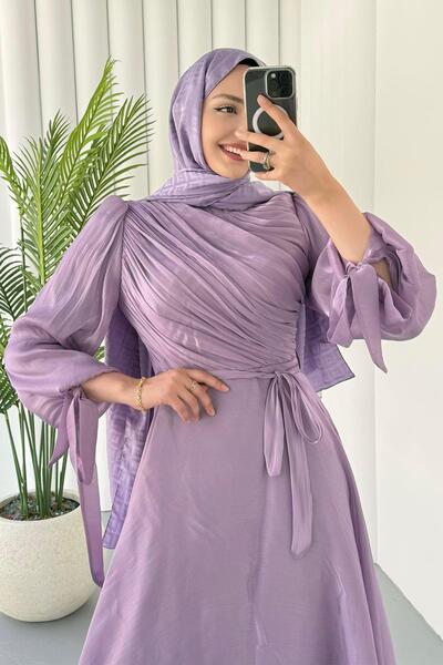 Modaensarbutik Gögüs Drapeli Kolları Bağlamalı Jan Jan Tesettür Abiye-MOR