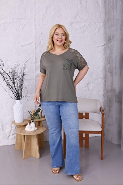 Siyezen Plus Size Shoulder Lace Detail Blouse