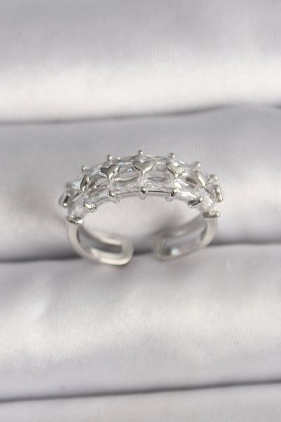 NZM TİCARET Brass Silver Color Zircon Stone Adjustable Ring