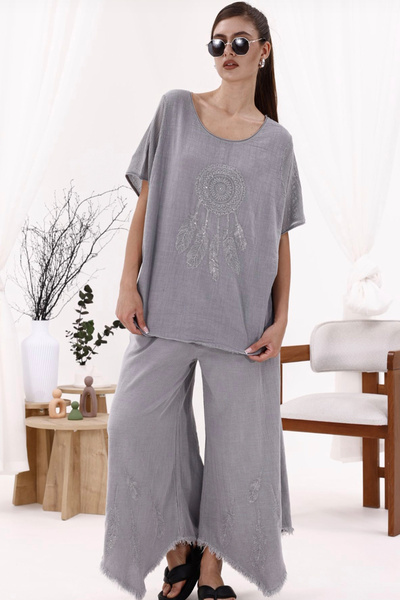 AYASOFYA OTANTIK Γυναικεία γκρι στρογγυλή λαιμόκοψη με κέντημα με πούπουλα μανίκια με διχτυωτή λεπτομέρεια κοντομάνικη μπλούζα oversize casual λινό