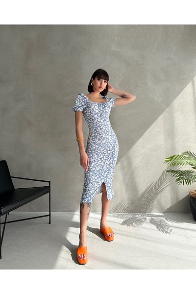 Rabi Shine Summer Crispy Pattern Watermelon Sleeve Slit Detail Dress