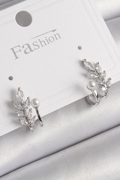 LovelymCo Brass Silver Color Zircon Stone Leaf Model Pearl Detail Women's Earrings
