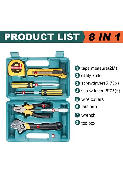 Choice 8 in 1 Box Blue 8/9/12/13Piece Tools Set General House hold Hand Tool Kit with Plastic Toolbox Stora