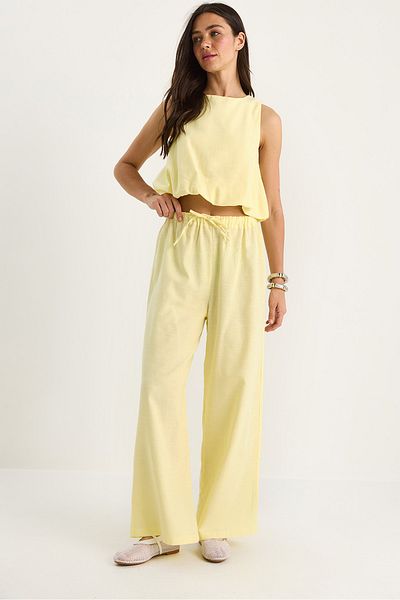 Bianco Lucci Women's Balloon Detailed Blouse Palazzo Pants Linen Bottom-Top Set 9367 60281072