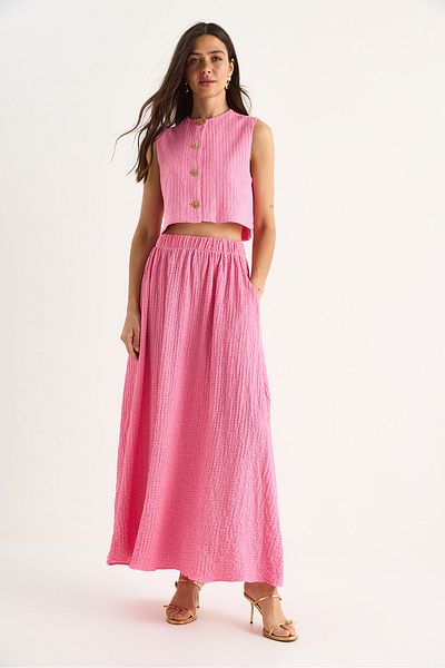 Bianco Lucci Women's Crop Vest Elastic Waist Pocket Detailed Long Skirt Bottom-Top Seersucker Suit 4006 60283371