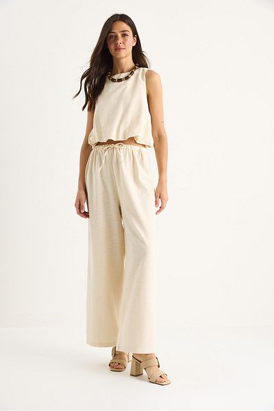 Bianco Lucci Women's Balloon Detailed Blouse Palazzo Pants Linen Bottom-Top Set 9367 60281072