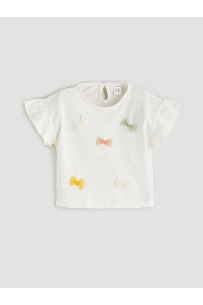 LC Waikiki Ecru Crew Neck Bow Detailed Girl's T-Shirt and Shorts