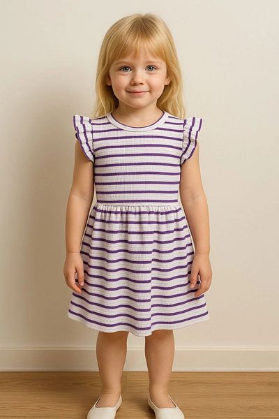My Hanne Waffle Fabric Striped Girl's Dress 50977