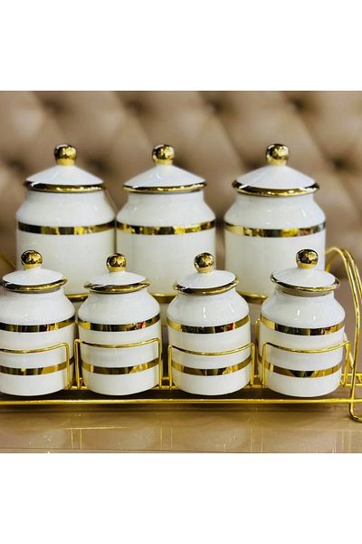 rexa 7-Piece Luxury Porcelain Spice Set – Gold Gilded Versace-Inspired White Storage Jars with Stand