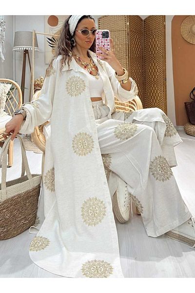 QUAWEAR Shirt Collar Gold Glitter Embroidered Long Tunic with Side Pockets and Trousers Double Suit
