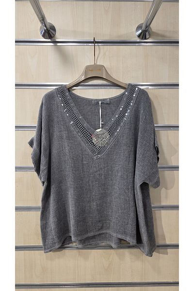 Park Moda Italian Linen Blouse Sequin V-Neck
