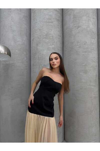 sajarsln Saja Rsln Atlas Kumaş Astarlı Tül Detaylı Straplez Elbise