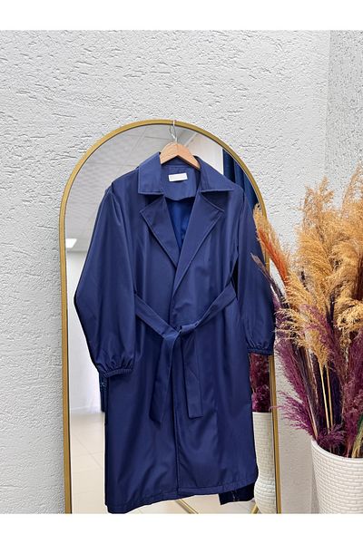 MİHRA STORE Trench cu mâneci balon cu talie albastru bleumarin