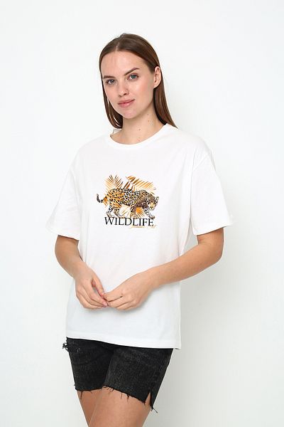 Oasis Women's Oversized Leopard Detailed Wildlife Printed Crew Neck T-Shirt