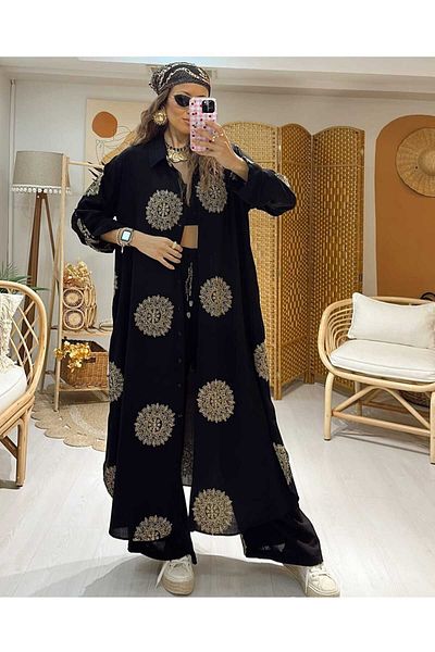 QUAWEAR Shirt Collar Gold Glitter Embroidered Long Tunic with Side Pockets and Trousers Double Suit