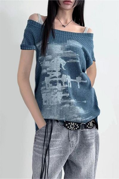 Karakedi Tricou Indigo Vintage Lost Shoulder Decoltat cu mânecă scurtă