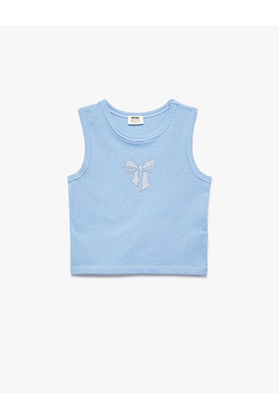Koton New Season Cotton Crew Neck Slim Fit Bow Printed Stone Detailed Sleeveless Crop Tank Top