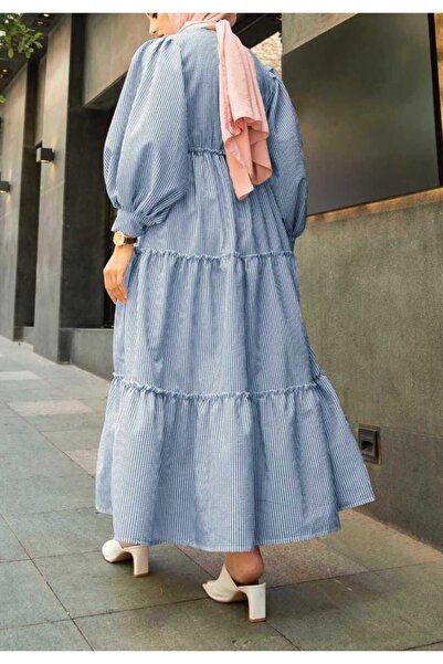 moda paketi Μπλε ινδιγό ριγέ υφασμάτινο φόρεμα χιτζάμπ από ύφασμα Seersucker