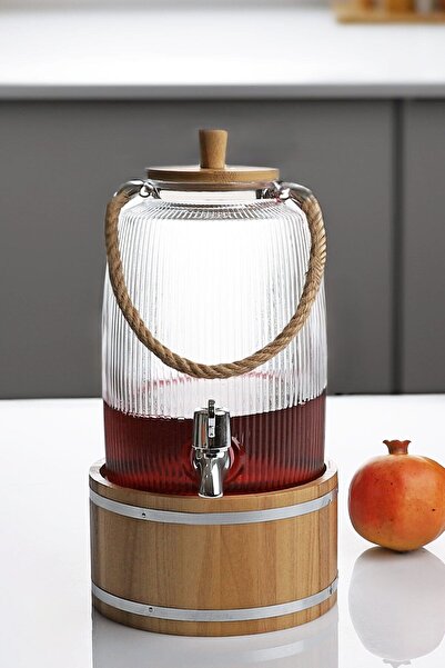 Qerhome Ahşap Kapaklı Halatlı Musluklu Çizgili Cam Sebil Lohusa Şerbetlik Küçük Boy 3 Litre Zbo-16