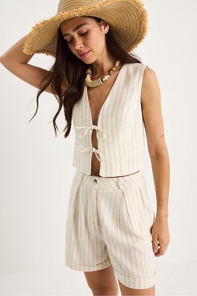 Bianco Lucci Women's Thick Striped Tie Detailed Vest High Waist Shorts Bottom-Top Linen Suit 9376 60281068