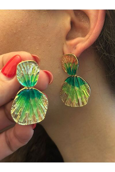 Gönülden Tasarım Green Leaf Patterned Women's Earrings 4 cm