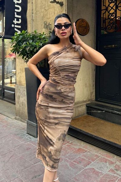 Mossta One Shoulder Draped Skirt and Blouse Set - Brown