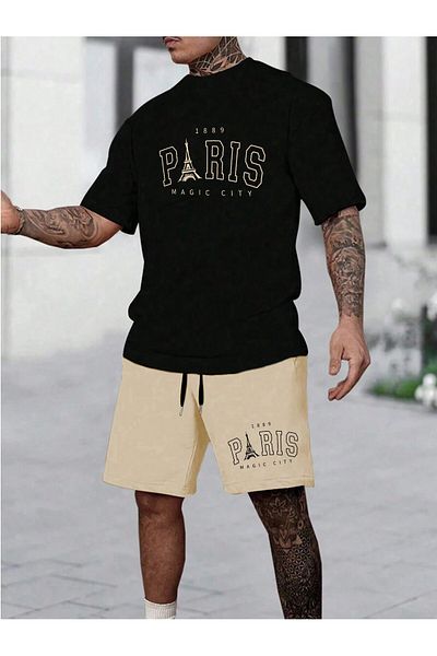 LUNAVISTA Mens summer casual short sleeve o neck letter Printed t-shirt and adjustable lace up shorts set