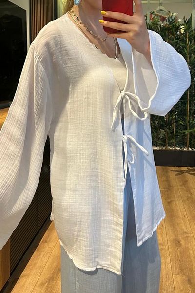 Mogi Butik Women's Double Tie Muslin Fabric Kimono 3085