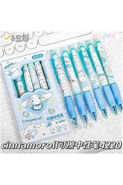 Miniso Cinnamoroll 6pcs Sanrio Hello Kitty Blue Ink Erasable Neutral Pen Cute Cartoon Pressing The Pen Off