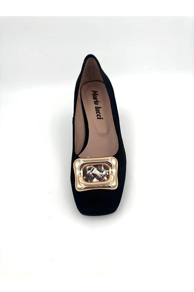 Mariolucci Women's Heeled Shoes Buckle Genuine Black Suede (Snake Print)