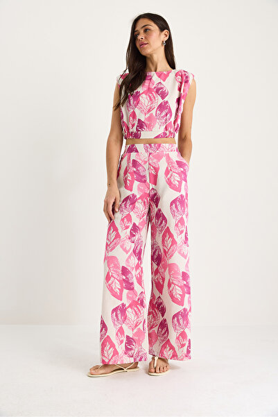 Bianco Lucci Women's Padded Elastic Waist Crop Blouse Loose Pants Patterned Linen Bottom-Top Set 25-086 60283430