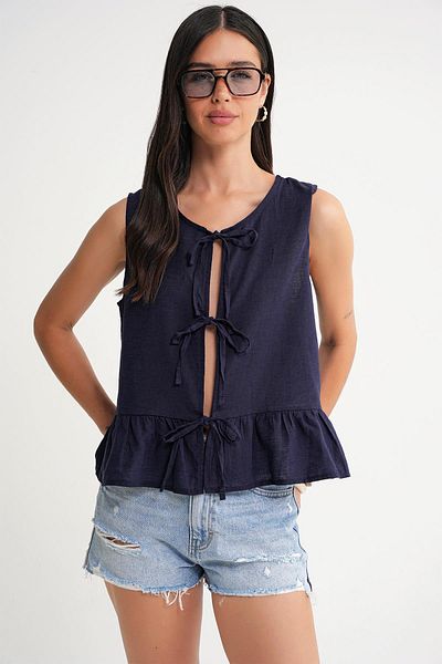 Mixray 4717 Women's Front Lace Ruffle Sleeveless Linen Blouse Navy Blue