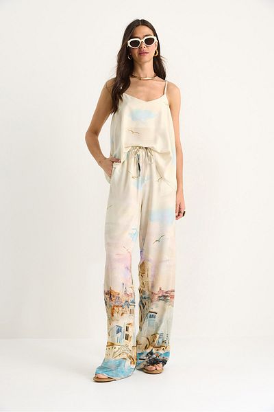 Bianco Lucci Women's String Strap Blouse Palazzo Pants Patterned Viscose Bottom-Top Set 8006 60283434
