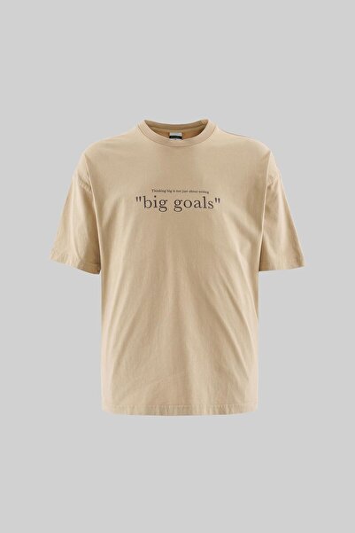 Machinist Big Goals Slogan Printed Washing Tee Dark Beige