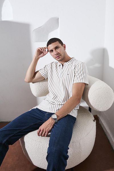DAMGA JEANS Ανδρικό μπλουζάκι με ριγέ κρέμα πόλο με φερμουάρ