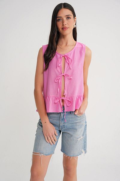 Mixray 4717 Women's Front Lace Ruffle Sleeveless Linen Blouse Pink
