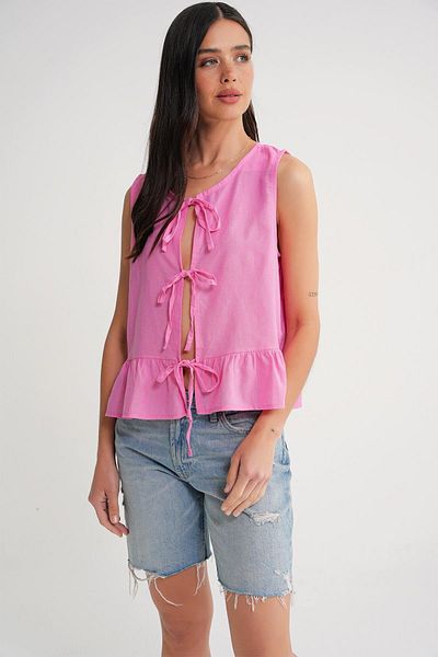 Mixray 4717 Women's Front Lace Ruffle Sleeveless Linen Blouse Pink