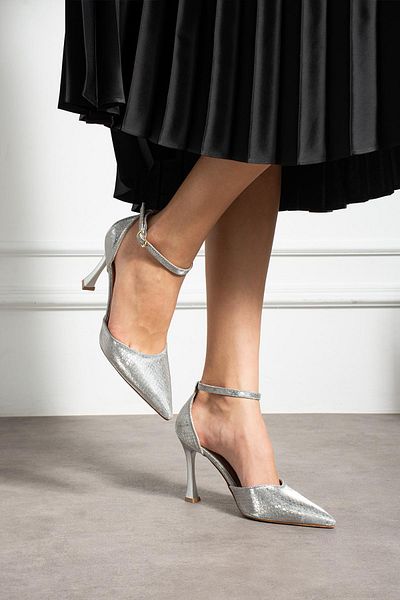 ShoeTek Felka Women's Heeled Ankle Wrap Stiletto Snake Pattern Silver