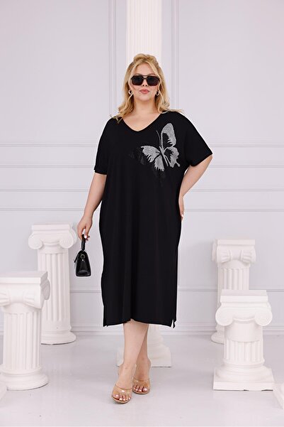 Siyezen Rochie supradimensionată cu imprimeu fluture și pietre, mărime mare